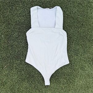 Free People Square Neck Ribbed Bodysuit Light Blue Thong Snap Closure Size L